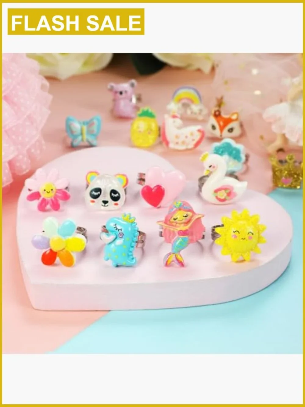 Adjustable Princess Ring Set for Kids 3-12, Dress Up Jewelry Gift Box